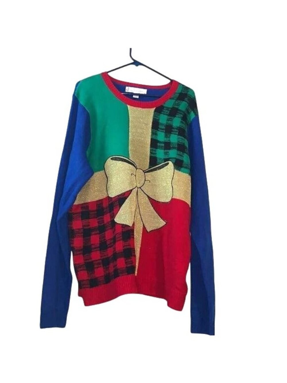 Jolly Sweaters Christmas Sweater XL Gift Bow Design Red/Green/Blue Long Sleeve